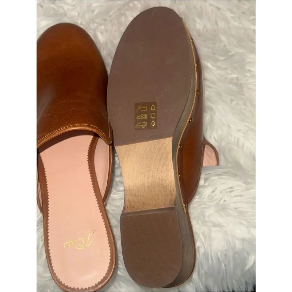 J.Crew NWOT Brown Leather Clog Mules Studded Wood Platform Size 12  70’ vibe